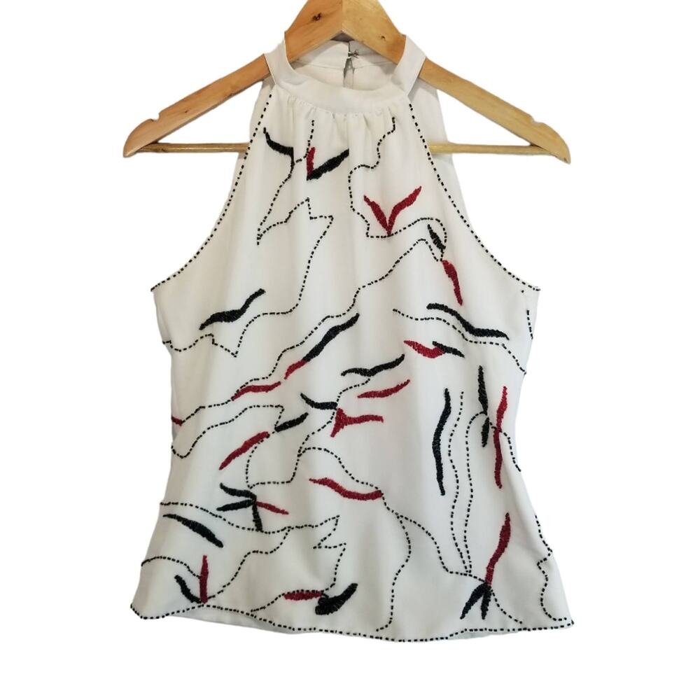 White Blouse Halter Choker Top with Black and Red Beads High neck - Picture 6 of 6